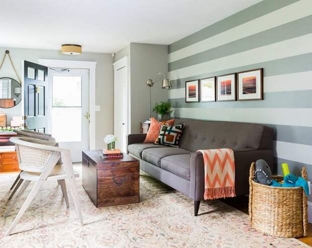 cozy living room with beautiful horizontal striped wall accent