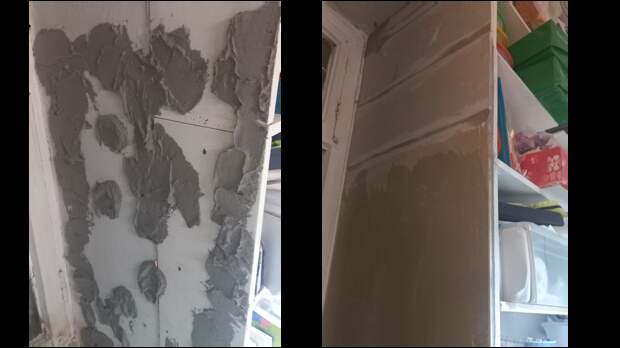 Приклеила гипсокартон на слой штукатурки.