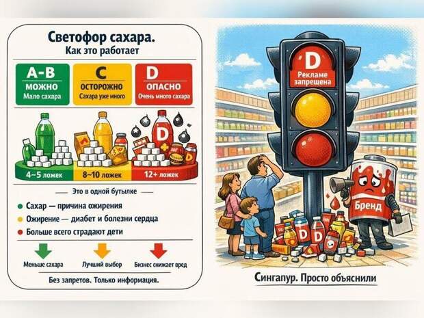 Сахар под красной лампой. Почему России пора честно маркировать еду, как это сделали в Сингапуре