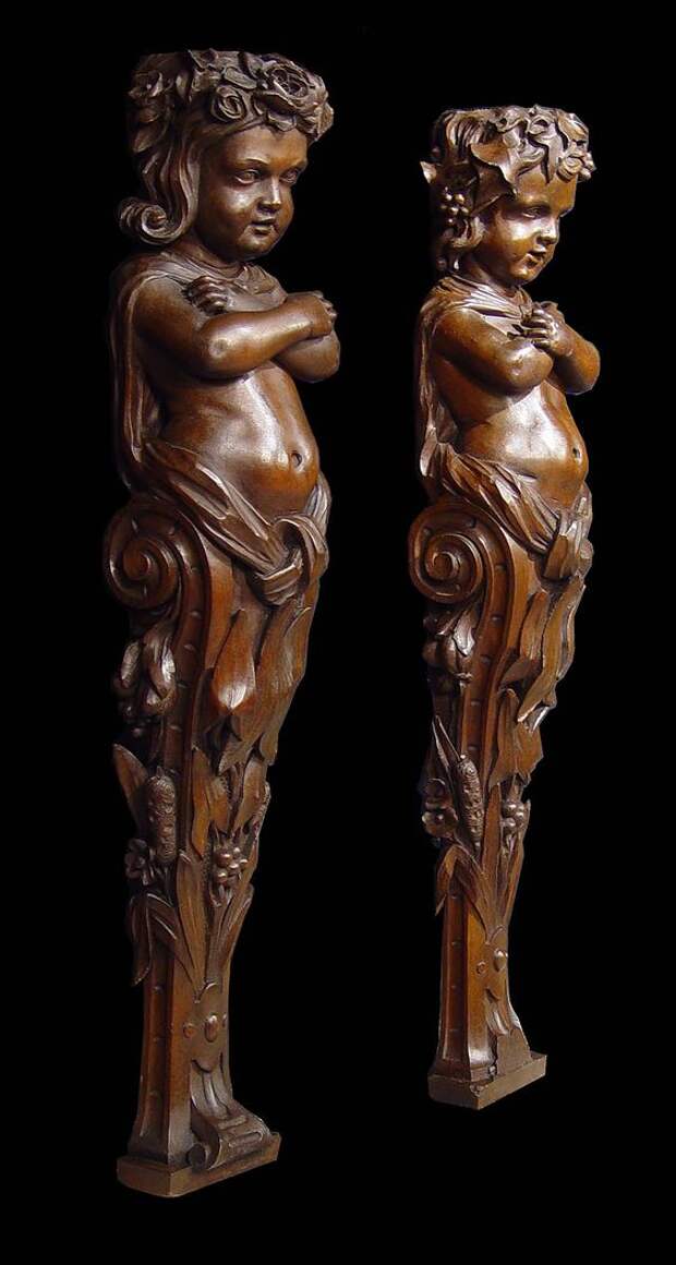 Antique pair carved walnut caryatids boy and girl Baroque style. - 26.5 inches Tall