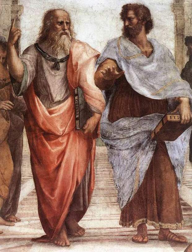 5) Платон и Аристотель. На части фрески Рафаэля Санти "Афинская школа" мы можем увидеть двух выдающихся ученых, предположительно ведущих спор о философии. Аристотель был студентом Платона. Дата: 1509. Художник: Raffaello Sanzio. 