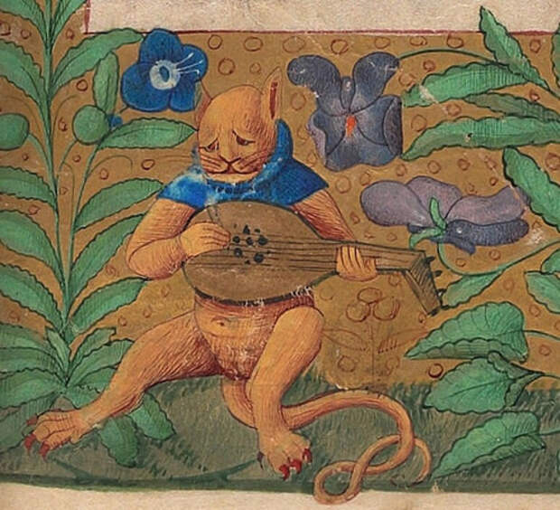 17. Полуодетый кот с лютней коты, средние века, страдающее средневековье, ужас