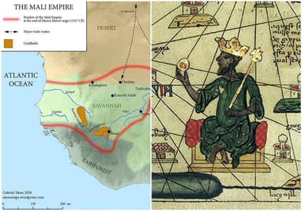 Слева направо: Империя Мали во время смерти Мансы Мусы. \ Правитель Мали Манса Муса, держащий золотой самородок (изображение из Каталонского атласа).