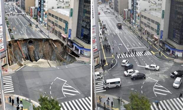 13. До и после ремонта дороги в городе Фукуока