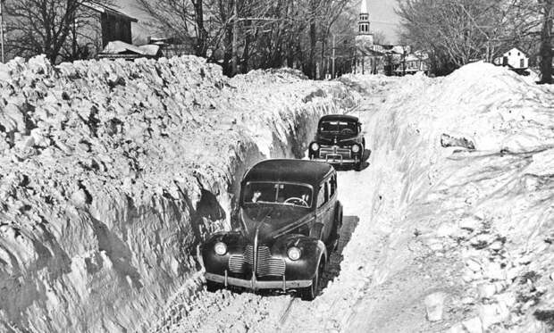 1945 год, Нью-Йорк зима, ретро фото, снег, снегопад, сша