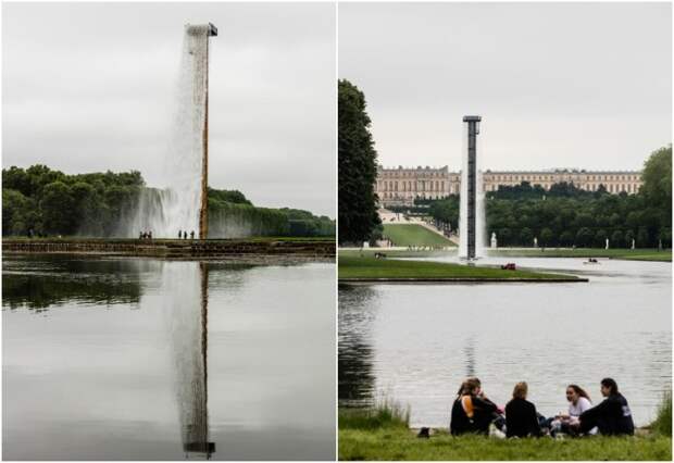 Вид сбоку и сзади раскроют тайну потока воды, льющегося с небес (Olafur Eliasson – Waterfall, Версаль).