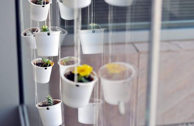 1. Навесные цветочные горшочки из кофейных капсул  миниатюрный, пространство, растение, сад