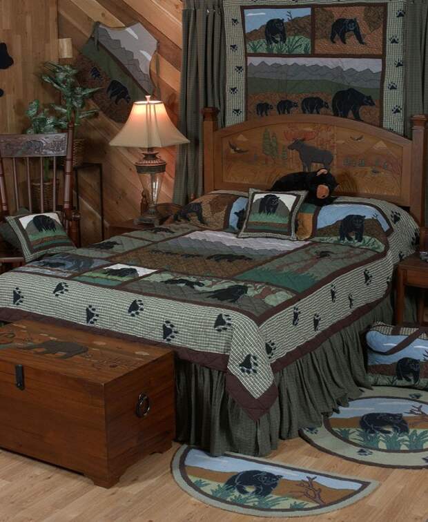 Отличная идея оформить спальню в деревенском стиле с преобладающими зелеными оттенками.