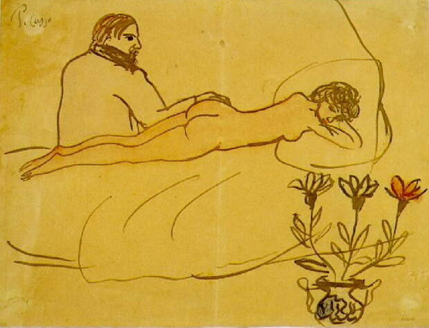 Пабло Пикассо. Лежащая обнаженная и сидящий Пикассо. 1902 год