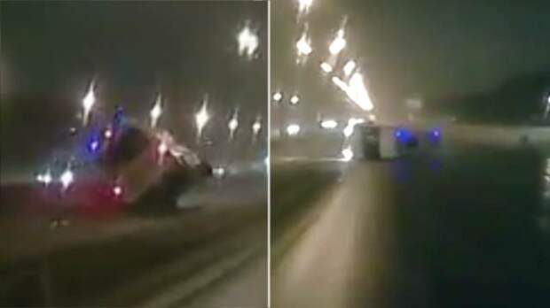 Видео момента жуткой аварии на МКАД, где после столкновения перевернулась скорая