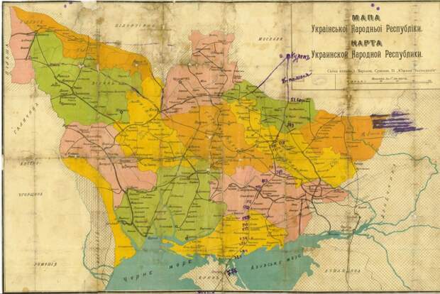 Карта УНР, на которой помечены белорусские территории, в неё входившие