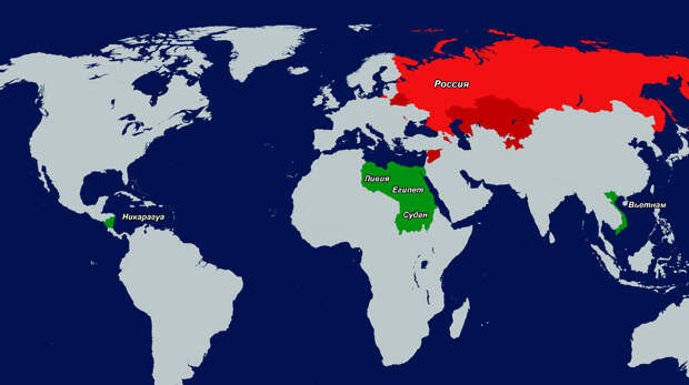 Современные базы России (выделены красным) и строящиеся либо в планах (зелёным)