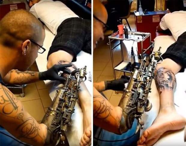 Художник делает татуировки протезом