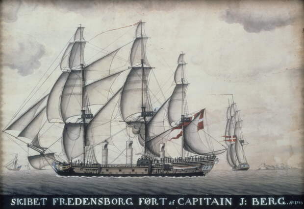 Датский работорговый фрегат Fredensborg, плававший между Африкой и Вест-Индией в 1778–1790 годах. Парусиновые столбы — это воздухозаборники для вентиляции трюма - Дружба накануне большой войны | Warspot.ru