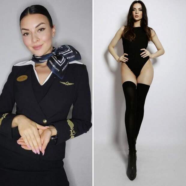 Красивые девушки-стюардессы в униформе и без неё