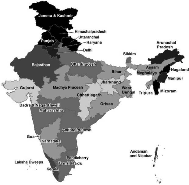 Карта комплектования индийской армии по штатам. Чем темнее штат на карте, тем больший процент его мужского боеспособного населения служит в армии - Раджпуты, маратхи, джаты… | Военно-исторический портал Warspot.ru