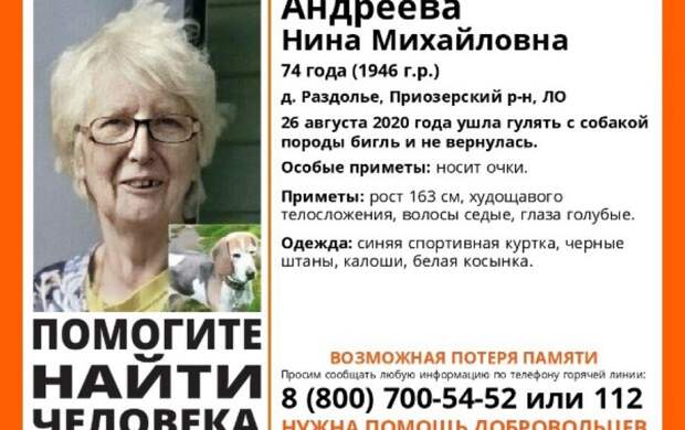Под Петербургом разыскивают пропавшую с собакой пенсионерку