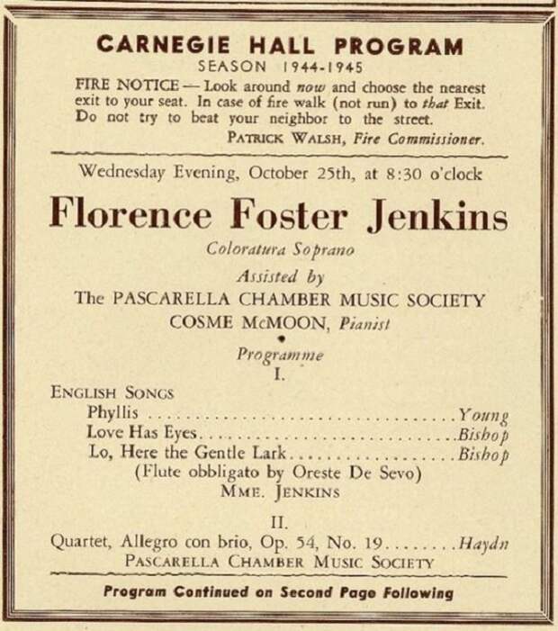 Афиша выступления Флоренс Фостер Дженкинс в 1944 году в Карнеги-холл. | Фото: thevintagenews.com.