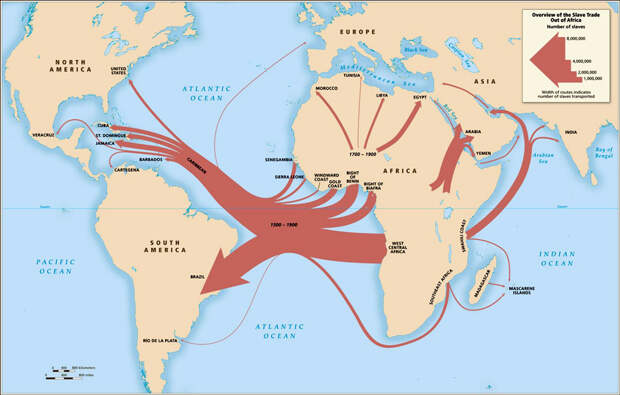 Вывоз рабов из Центральной Африки в 17-19 в. Потоки арабской работорговли к концу 19 - началу 20 в. сильно интенсифицировались
