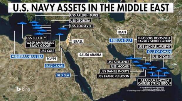 Карта американского военно-морского присутствия в ближневосточных водах. Такой группировки здесь не собирали со времён "Бури в пустыне". Картинка IISS
