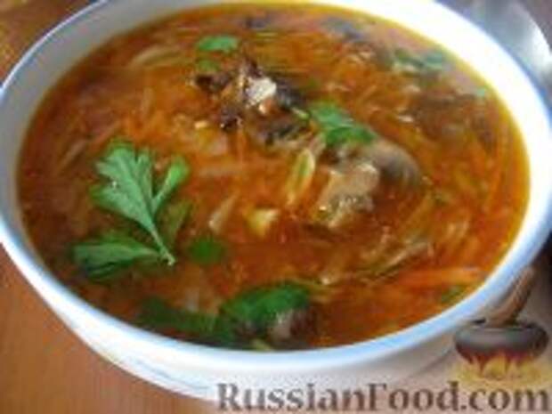 Фото к рецепту: Борщ с грибами и черносливом