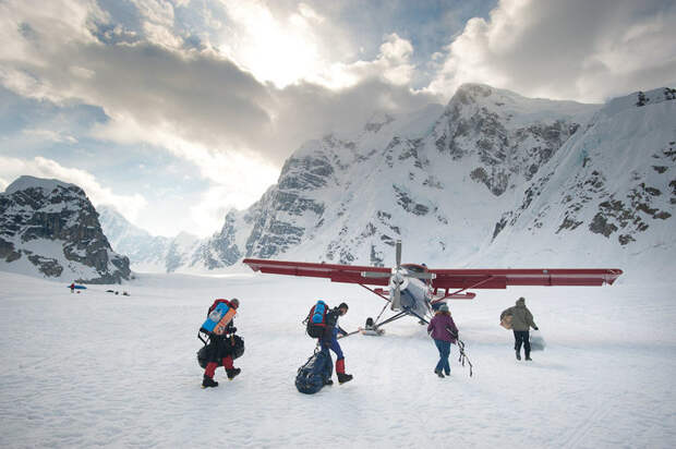 Climbers landing on a glacier at Denali National Park & Preserve.