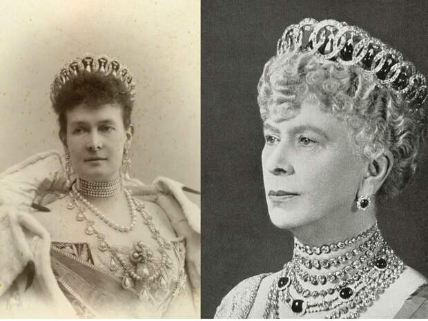 Владимирская тиара на великой княжне Марии Павловне (слева) и на Марии Текской, бабушке Елизаветы II (справа).