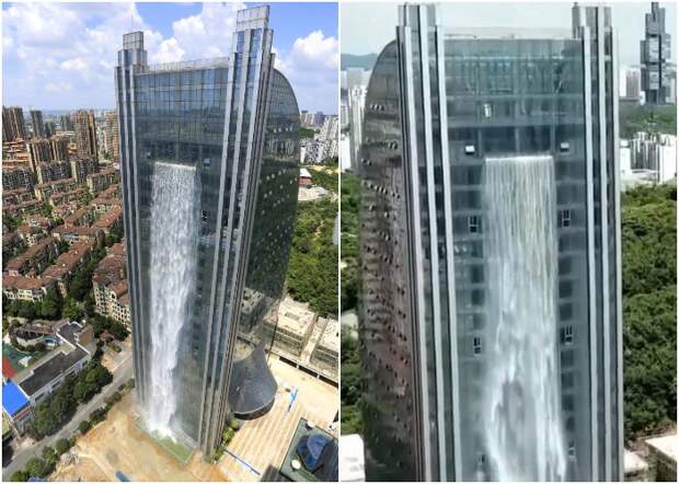 Водопад, стекающий с высоты 108 метров по стеклянному фасаду Liebian International Building, побил мировой рекорд (Гуйян, Китай).