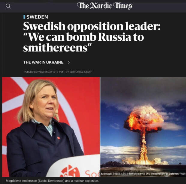В Швеции высказались о готовности и даже стремлении сбросить на Россию атомную бомбу