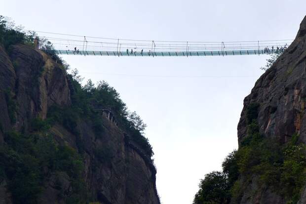 Не смотри вниз  Весь аттракцион носит название The Coiling Dragon Cliff Skywalk. Туристы, посещающие гору Тяньмэнь в национальном парке Чжанцзяцзе, пересекают пропасть по мосту длиной в сто метров и шириной всего в два. Эта стеклянная, кажущаяся очень непрочной конструкция единственное, что отделяет человека от глубочайшей пропасти.