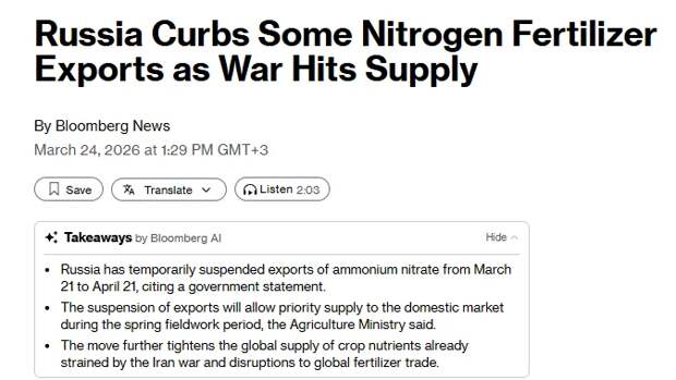 Bloomberg: Россия ограничивает экспорт азотных удобрений