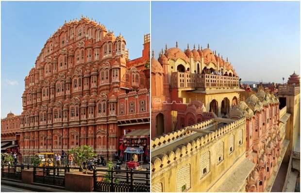 За роскошным лицевым фасадом Hawa Mahal спрятаны открытые балконы, где обитательницы гарема могли наблюдать за городской жизнью с высоты (Джайпур, Индия). 