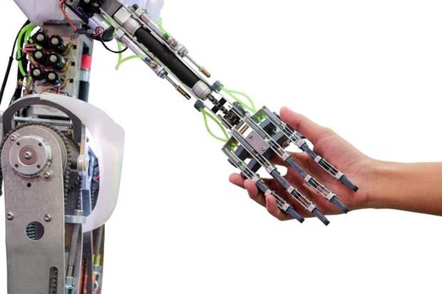A robot holds a human hand.