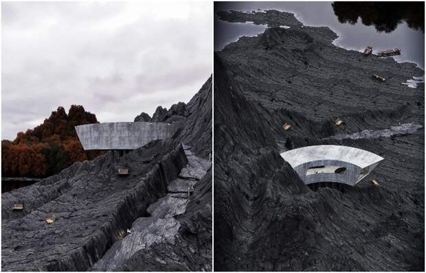 Загородный дом Rocky house органично интегрирован в скалистый рельеф (визуализация © Reza Mohtashami).