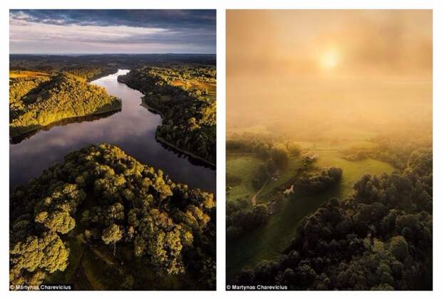 Слева - озеро Асвяя, справа - туман над лесом и полем где-то между Вильнюсом и Молетаем дрон, квадрокоптер, литва, пейзаж, пейзажи природы, природа, фотографии природы