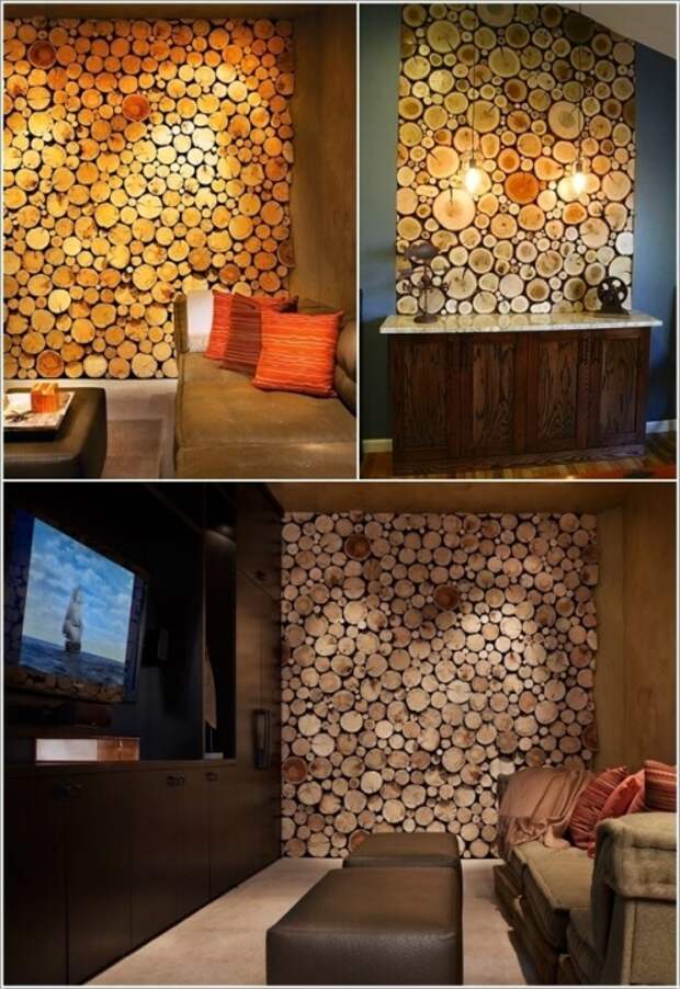 Спилы из разных пород древесины часто используются для украшения стен.