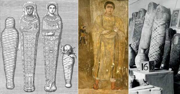 Слева направо: Первые фаюмские портретные мумии, найденные Пьетро делла Валле в 1615 году. \ Фото: pinterest.com. \ Нарисованный саван. \ Фото: metmuseum.org. \ И открытия Флиндерса Петри. \ Фото: ucl.ac.uk.