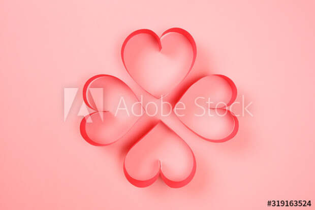 Four of red paper hearts on pink background top view. Good love, valentines day, womens day banner, offer, card, invitation, flyer, poster template.