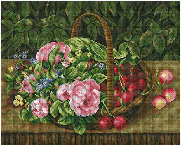 Корзина с цветами и вишнями