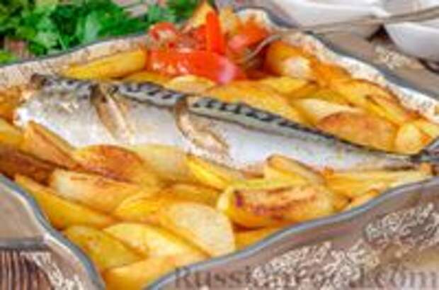 Фото к рецепту: Скумбрия, запечённая с картофелем, помидорами и сладким перцем