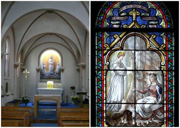 Алтарь и фрагмент витража, созданного Полем Мартино и Джозефом Архепелем (Notre-Dame-de-la-Salette, Париж).