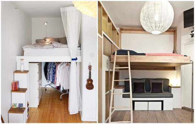 Если кровать поднять под потолок, внизу можно обустроить зону отдыха или гардеробную