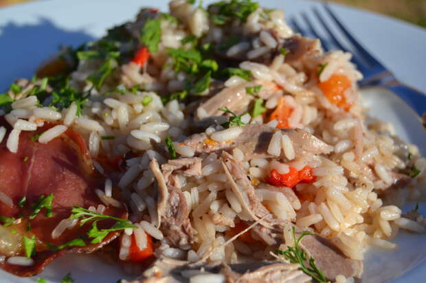 Утка с рисом и копчёностями - очень вкусное сочетание, а мясо утки получается особенно нежным
