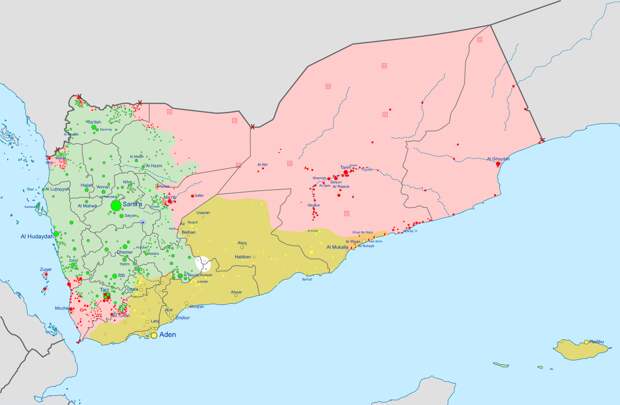 Зелёным цветом – контроль хуситов, красным – контроль сторонников свергнутого президента Хади (просаудовского), золотистым – контроль сепаратистов Южного переходного совета (ориентируются на ОАЭ). 