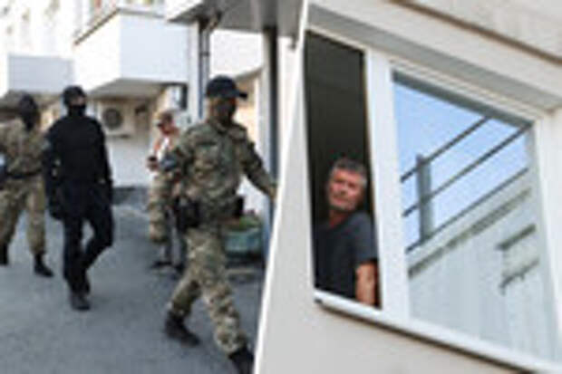 Сотрудники Росгвардии около дома, где проживает бывший мэр Екатеринбурга Евгений Ройзман (слева) и Евгений Ройзман в окне своей квартиры (справа), 24 августа 2022 года 