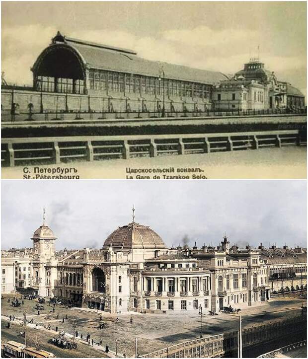 Старинное здание Царскосельского вокзала и его приемник, спроектированный архитектором С. А. Бржозовским (Санкт-Петербург). Старинное здание Царскосельского вокзала и его приемник, спроектированный архитектором С. А. Бржозовским (Санкт-Петербург).