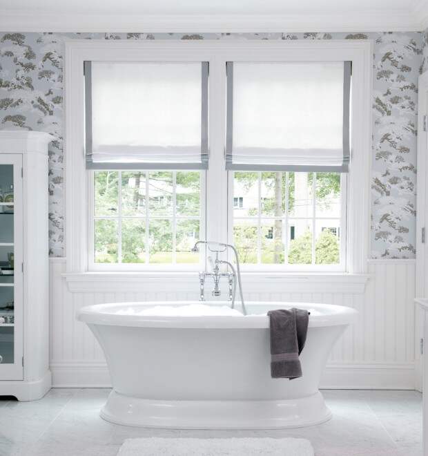 muse interiors bathroom stand alone bathtub tb gray floral wallpaper roman shades trim gray cococozy gray white