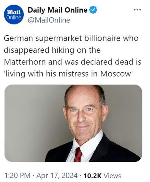 "Погибший" в Алпах немецкий миллиардер нашелся в Москве. Живой