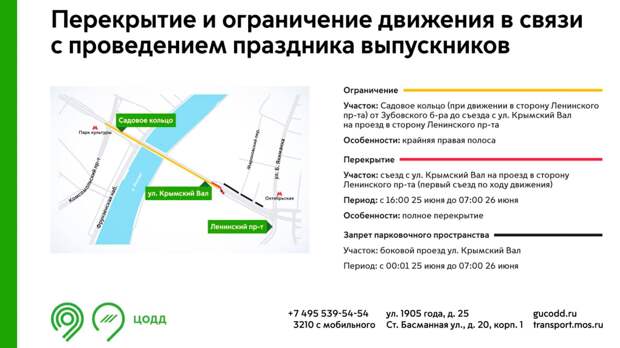 Движение перекроют на Садовом кольце в Москве из-за празднования выпускного