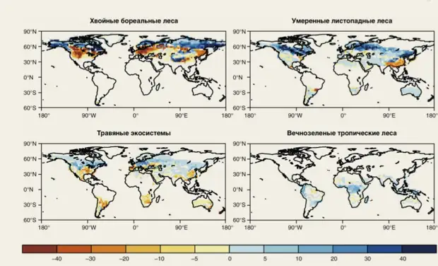 Рис. 7. Изменение (% покрытия) типов растительного покрова к 2100 году при климатическом сценарии RCP8.5 [62]